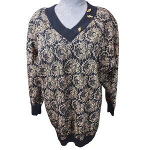Vintage Top Notch Sweater Black Gold Metallic Shoulder Pads Plus Size 1X